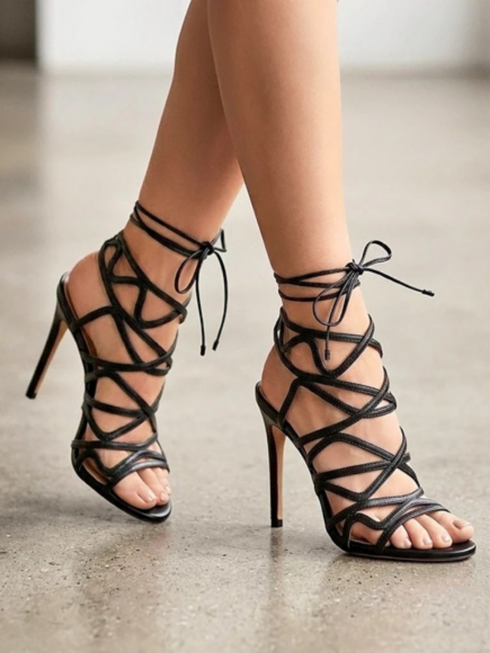 Alexandre Birman Black Leather Caged Lace-Up Stiletto Sandal Heels Sz: EU 38/US8